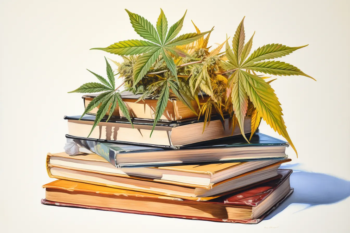 Eine Szenerie mit Cannabisblättern und Büchern, zart in Pastellnuancen. Bücher, übereinandergestapelt, erhalten eine Dekoration aus Cannabisblättern.