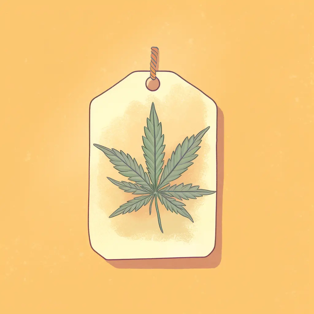 Das Preisschild enthält ein Cannabisblatt in Pastellfarben, das das Produkt auszeichnet. Ein Preislabel, verziert mit einem Marihuanablatt, als Kennzeichen für die Cannabis-Sozialclubs in Kaiserslautern.
