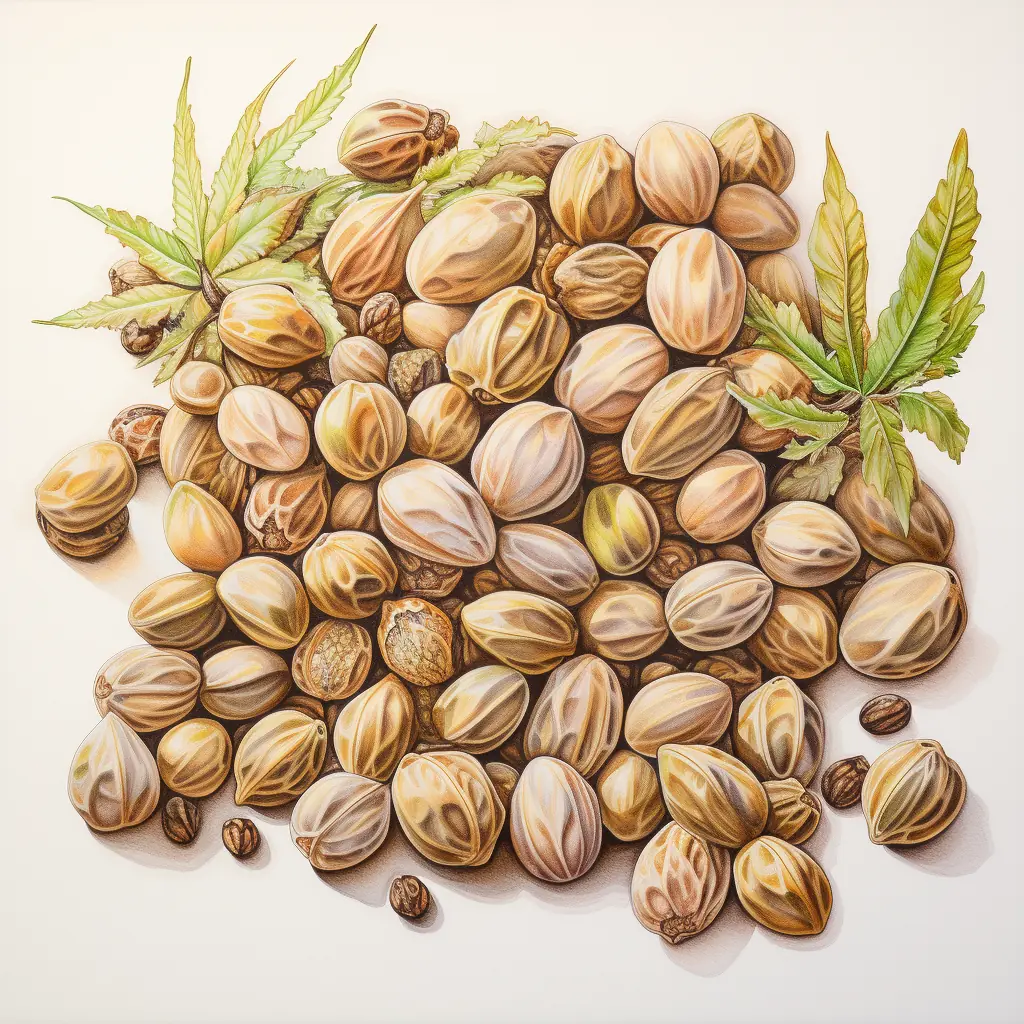 Pastellgetönte Cannabis-Samen – eine semi-realistische Illustration. Eine Ansammlung von Cannabissamen, arrangiert auf einem leuchtenden Untergrund.