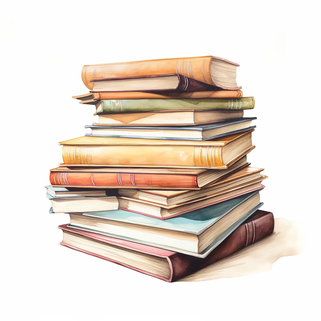 Ein Arrangement von Büchern, eingefärbt in sanften Pastelltönen. In der städtischen Ruhe ruht ein Turm aus Literatur, eingebettet in die Reinheit eines weißen Hintergrunds.