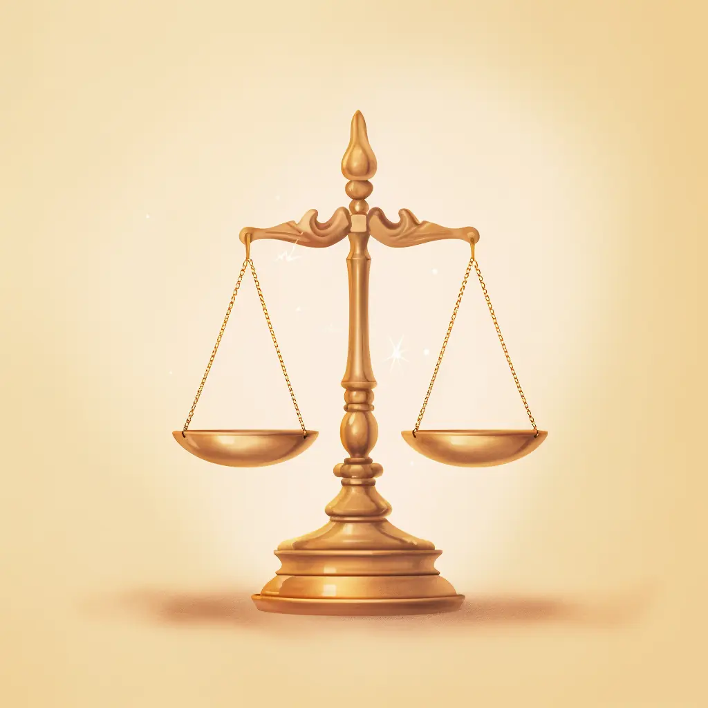 Die Waage, Sinnbild für Fairness, präsentiert in Pastellfarbtönen. Die Waage, Ikone der Gerechtigkeit, erstrahlt in Gold auf beige getöntem Fond.
