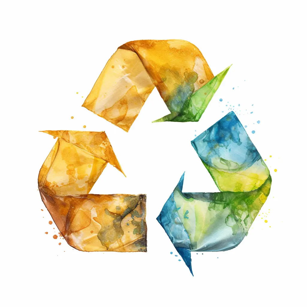 Ein Recycling-Zeichen in Pastelltönen, halbrealistisch illustriert. Ein Symbol für Wiederverwertung, präsentiert auf einem Hintergrund in Beigetönen.