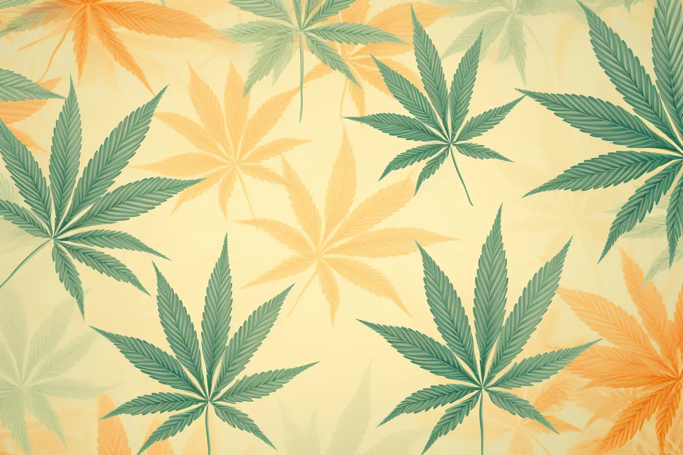 Ein sanftes Muster aus Blättern der Cannabispflanze in zarten Farbtönen Für einen Cannabis Social Club in Kaiserslautern wurde ein Muster aus Blättern der Hanfpflanze auf einem beigen Hintergrund kreiert